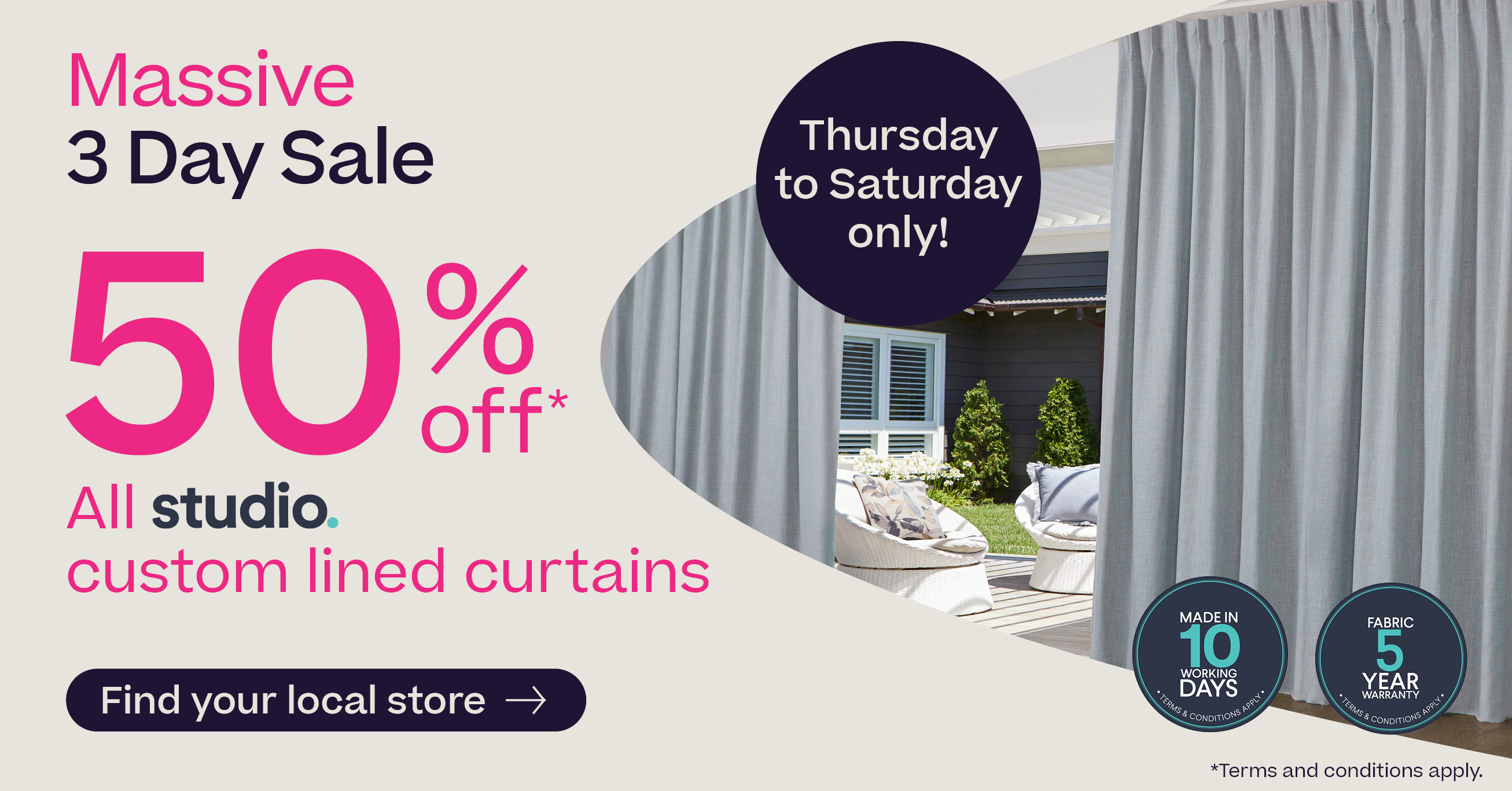 50% off all Studio custom fully lined curtains*